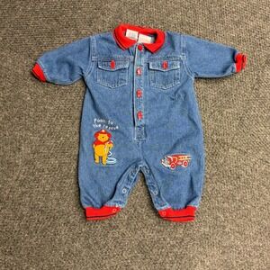 Vintage Disney Winnie the Pooh Denim Firefighter Romper Blue Red 6-9 Months